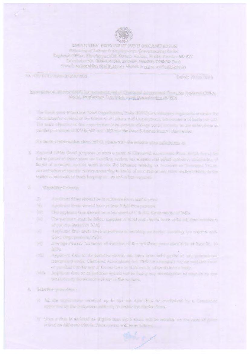 EMPLOYEES' PROVIDENT FUND ORGANIZATION (Miuistry of Labour & Employment, Governme11t of India) Regional Office, Bhavishyanidhi Bhavan, Kaloor, Kochi, Kerala - 682 017 Telephone No.