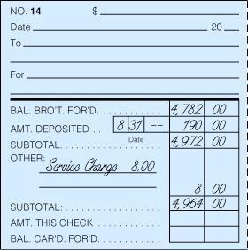 Compare Adjusted Balances page 125 1 5 7 9 RECORDING A BANK SERVICE CHARGE ON A CHECK STUB page 126 1 1 2 1. Write Service Charge $8.
