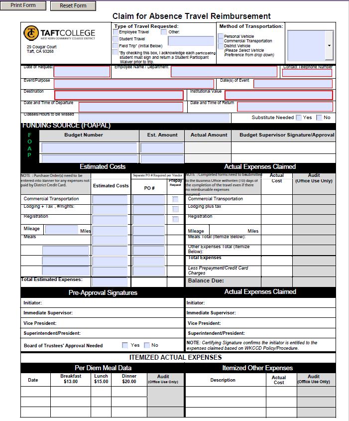 Claim for Absence / Travel Reimbursement Form Condensed previous forms into one simplified form.