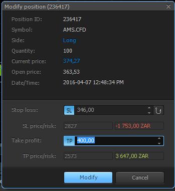 You will then see the following menu where you can modify your stop loss and take profit levels.