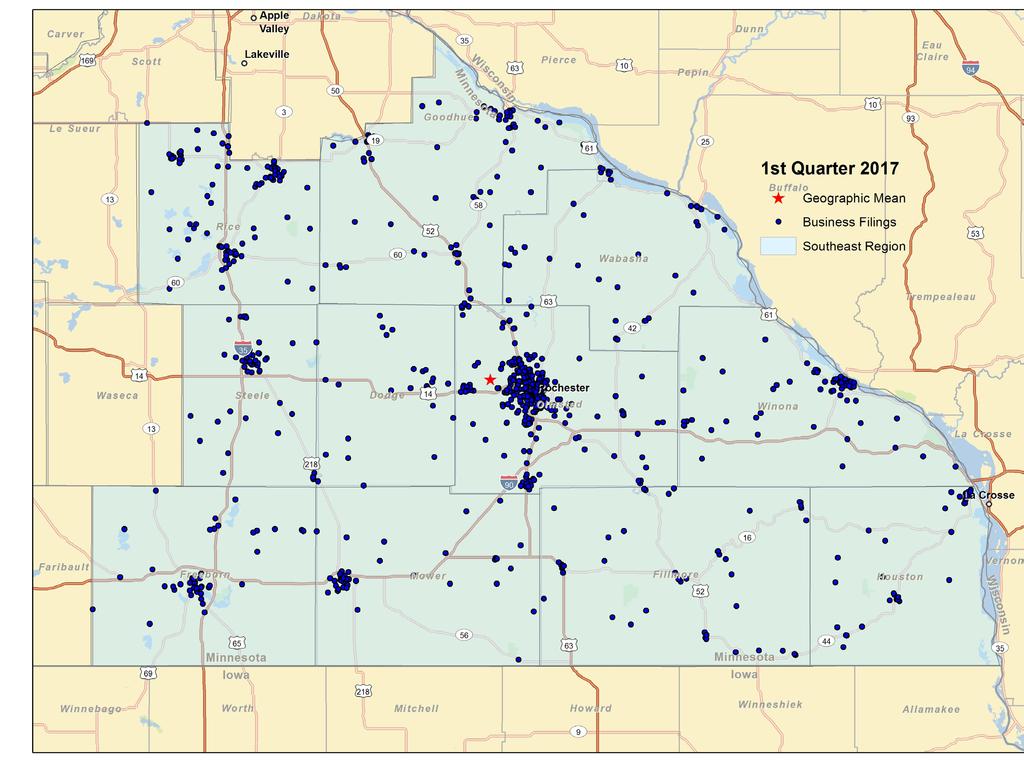 Maps The first map shown below is a visual representation of new business filings around the Southeast Minnesota planning area in the first quarter of.