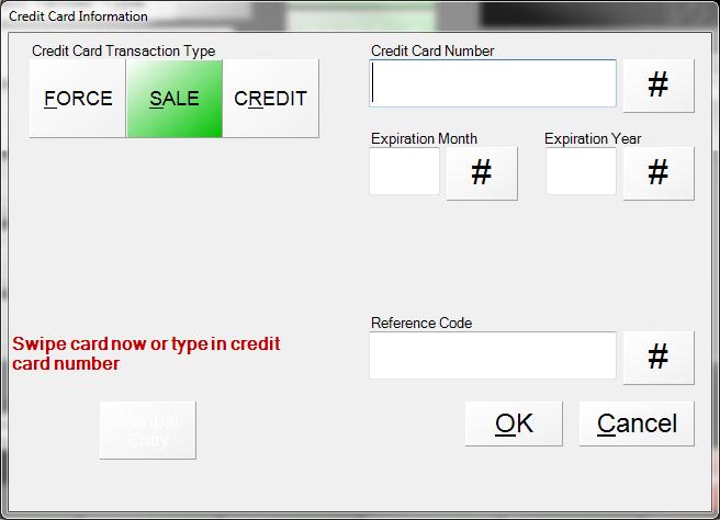 3. The Credit Card Information window will appear where the Credit Card can be swiped, through the MSR (attached to