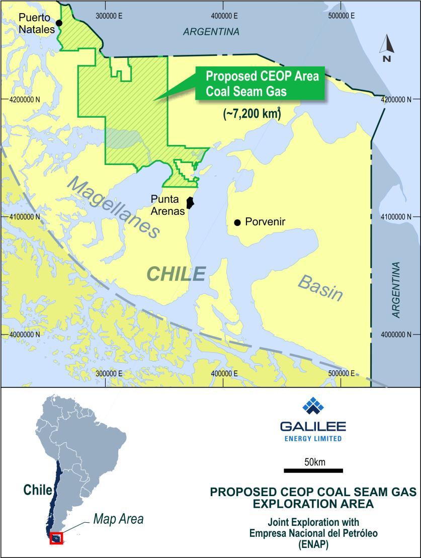 Chile Partnered with ENAP Chile s state owned oil and gas company Initial MOU to carry out a study into coal seam gas potential in Magallanes Basin Study area of approximately 1.