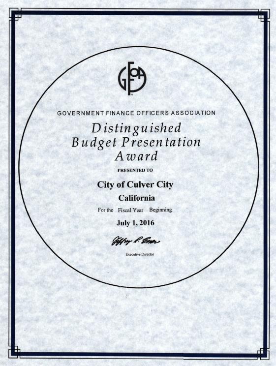 GFOA Budget Presentation Award Recognizes budget documents of the very highest quality that reflect best practices for clearly