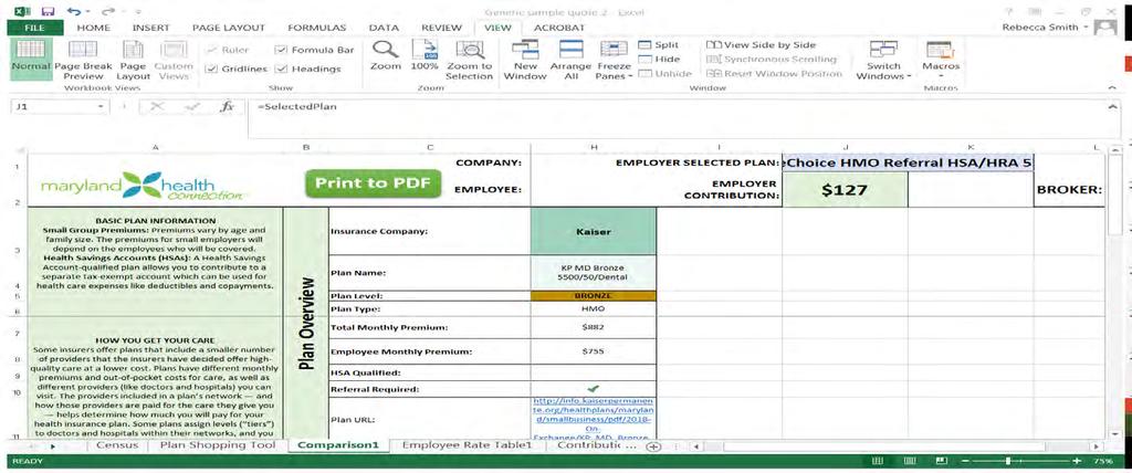 COMPARISON TAB (generated workbook tab) In the top right corner, the Employer Selected Plan represents the reference plan chosen on the