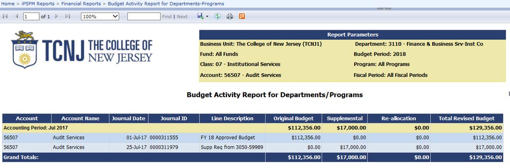 column. The report shows the user all the budget activity within the particular account.