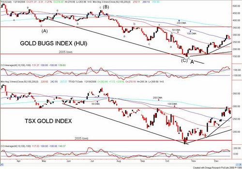 HUI Gold Bugs Index and TSX Gold Index - The HUI followed its previous big up week with a gain this past week of 3.8%. - The HUI turned down at resistance just above 300.