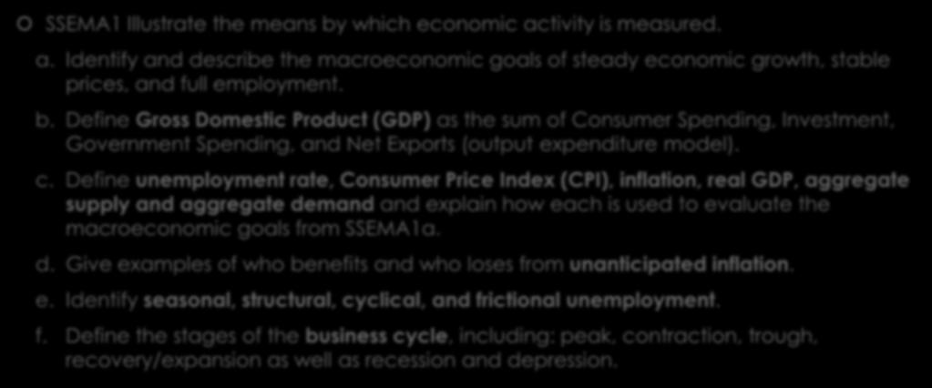 Unit 3 Learning Standard #1 of 3 SSEMA1 Illustrate the means by which economic activity is measured. a. Identify and describe the macroeconomic goals of steady economic growth, stable prices, and full employment.
