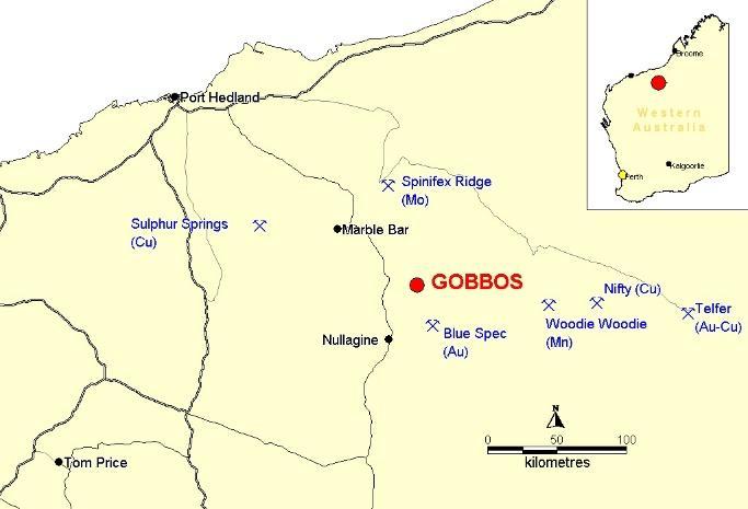 Figure 1. Location of the Gobbos prospect within a highly mineralised district in the East Pilbara region of WA. Figure 2.