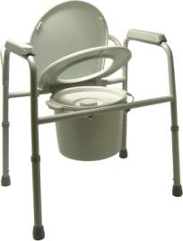 Holds 300 lbs. Metal coating, snap on seat, pail with lid, plastic armrest.