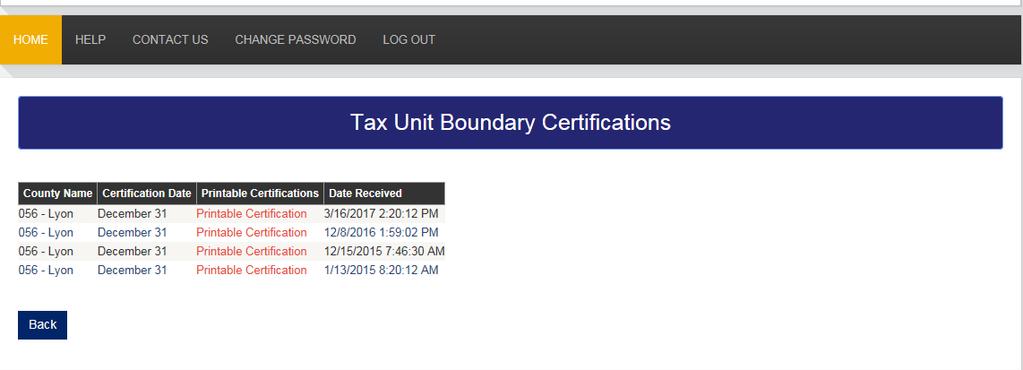 If you click on Printable Certification you will be able to print that previous certification (see the screen print below). When printed, the certification may be filed or mailed as required.