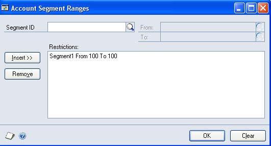 Microsoft Dynamics GP General Ledger Ranges Click Ranges to display the Account Segment Ranges window.