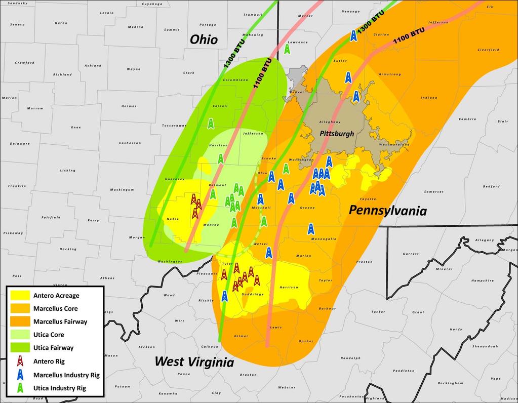 DRILLING MOST ACTIVE OPERATOR IN APPALACHIA COMBINED TOTAL 12/31/15 RESERVES Assumes Ethane Rejection Net Proved Reserves 13.2 Tcfe Net 3P Reserves 37.1 Tcfe Strip Pre-Tax 3P PV-10 (1) $11.