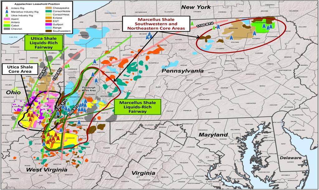 LIQUIDS-RICH LARGEST CORE POSITION Antero has over 2,700 undeveloped rich gas locations with an average lateral length of 7,580 in its 3P reserves as of 12/31/2015 Antero controls an estimated 37% of