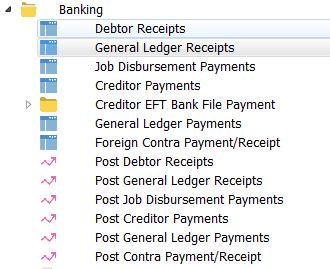 General Ledger Receipts Non Job When you receive money from a non invoice form (i.e.: rent, bank interest), you will need to go to the Banking Menu, Debtor Receipts Other.