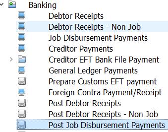 Posting a Job Disbursement Payment To Post the Job Disbursement payment to the General Ledger you will need to select Post Job Disbursement Payments from the Banking Menu.