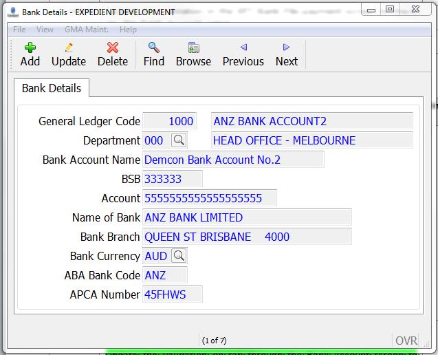 Field Name Description Validation Default Bank Account These are your bank details. This is where the money is to be deposited. You can click on the to search for all Bank Accounts in the Master File.