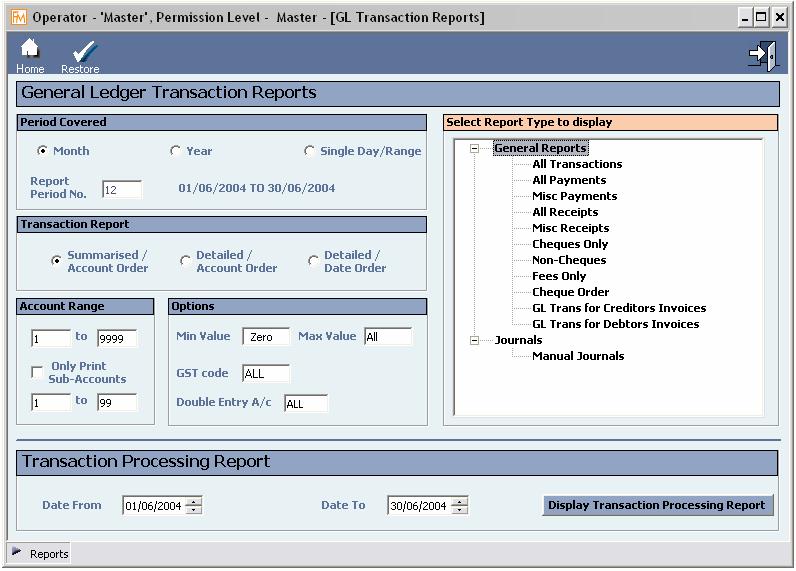 CLUBline FinMan Essentials Figure 10.2 Transaction Reports The Transaction Report screen is made up of several parts.