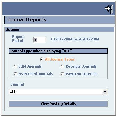 CLUBline FinMan Essentials The Journal Report Options screen contains the following options: Report Period specify the period number.