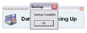 2 Utilities Backup Database Click OK to acknowledge the path to the backup file. The Database Backing Up message will appear.