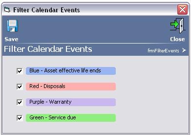 CLUBline FinMan Essentials Figure 5.5 Calendar Filter These filter preferences are remembered by Asset Management, and your selections will also be used by the calendar on the Main Menu.