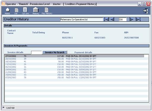 To view Creditor History: Select Creditor History from the Creditor Menu. The following screen will appear: Figure 6.