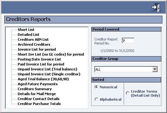 CLUBline FinMan Essentials Management MAIN SCREEN. Creditor Reports There are various creditors reports available under the Creditors Reports option from the Creditors directory.