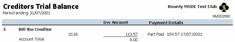Invoice List for period (Trial Balance)
