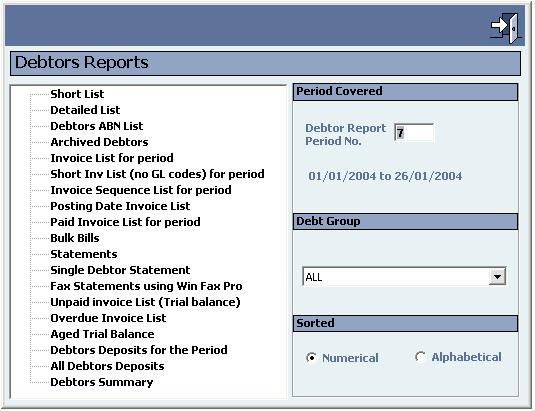 CLUBline FinMan Essentials Select the Period and Debtors Group that you want to view on the report. Select either Numerical or Alphabetical sort option. Select the desired report from the list.