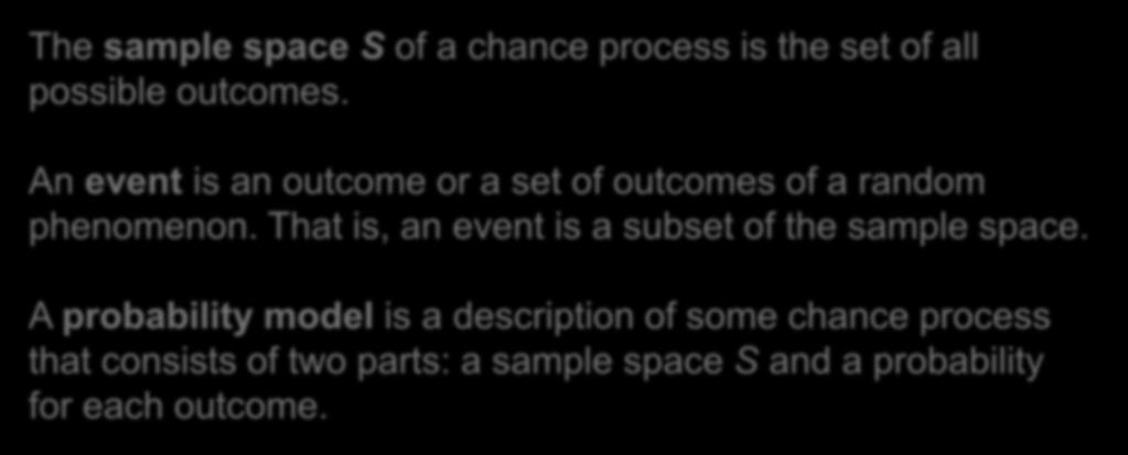 Probability Models 6 Descriptions of chance behavior contain two parts: a list of possible outcomes and a probability for each outcome.