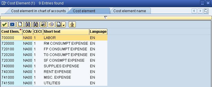 From the list of all cost element categories defined in the SAP system, doubleclick on Primary costs/cost-reducing revenues (1).