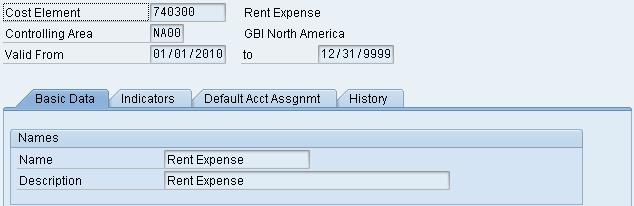 In this interactive list, you can double-click on any cost element to display its master data details. As an example, double-click on Rent Expense (740300).
