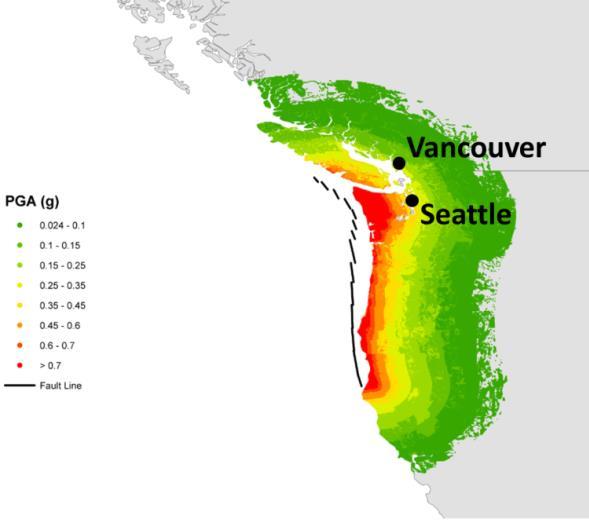 Left panel: Cascadia event footprint as modelled by AIR Worldwide; Right panel: Cascadia event footprint as modelled by RMS. The closest matching AIR Event ID would be 110108488.