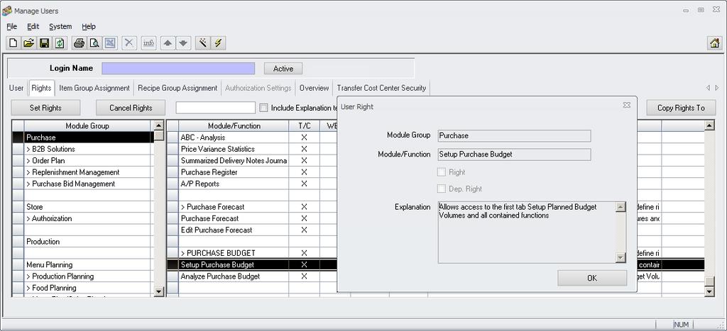The user right Purchase > > Setup must be set to access the Setup Planned Volumes tab to define / edit the Budget