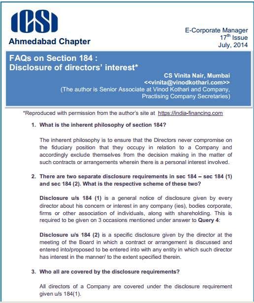 FAQs on Section 184: Disclosure of directors' interest By CS Vinita Nair Published in the e-corporate manager of Ahmedabad