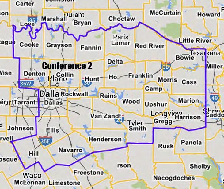 Conference 2 Conference 2 (see the map in Figure 14) includes the Texas counties of Bowie, Camp, Cass, Collin, Cooke, Dallas, Delta, Denton, Ellis, Fannin, Franklin, Grayson, Gregg, Harrison,
