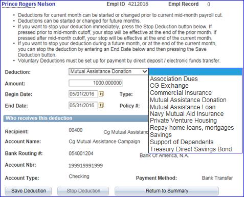 Adding a Voluntary Deduction, Continued 4 Click the drop-down for Deduction and make a selection.
