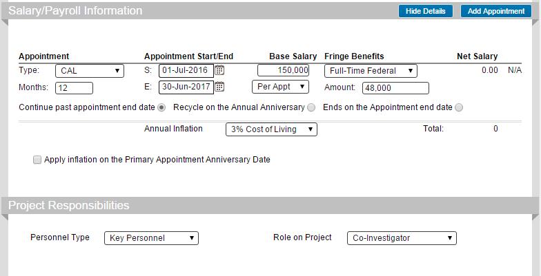 Adding Personnel or you can add the Salary/Payroll Information, identify Project Responsibilities, and