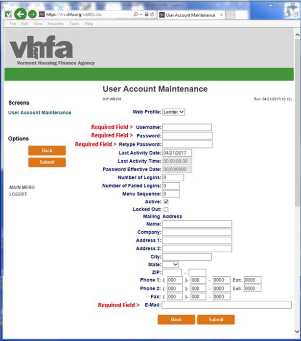 Setup New User Accounts (1) Select User Account Maintenance > (2) select New User > (3)