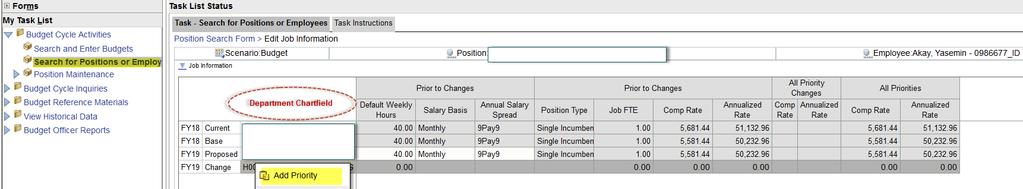 department chartfield/member and selecting ADD PRIORITY from drop down