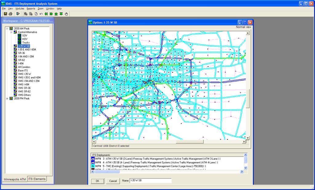 Fig 2: Screenshot of Minneapolis-St. Paul network in IDAS 2.3. Cost-Benefit Analysis The first step in the analysis process using IDAS is to run trip assignment again for each of the alternatives.