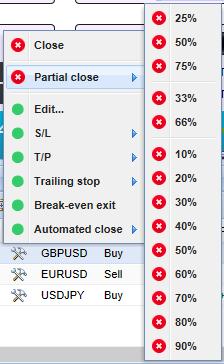 OPEN AND PENDING ORDERS LIST You can do a partial close of an order using percentages. A partial close cannot always be processed exactly.