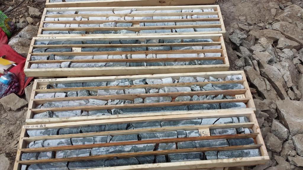 Hole COD17-14 intersected a broader zone of veining and gold and silver mineralization grading 4.59 g/t Gold and 38.64 g/t Silver over 16.03 meter core length.