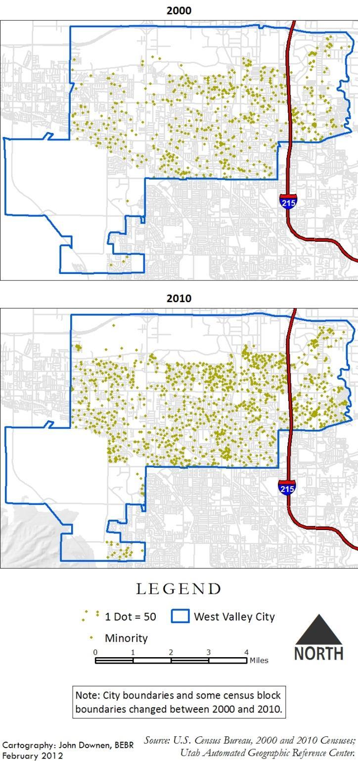 Figure 3 Minority Population Concentrations in West Valley City, 1990 2010 Figure 4 Percent of Minority Population by Tract in West Valley City, 1990 2010 Figure 3 shows West Valley City s minority