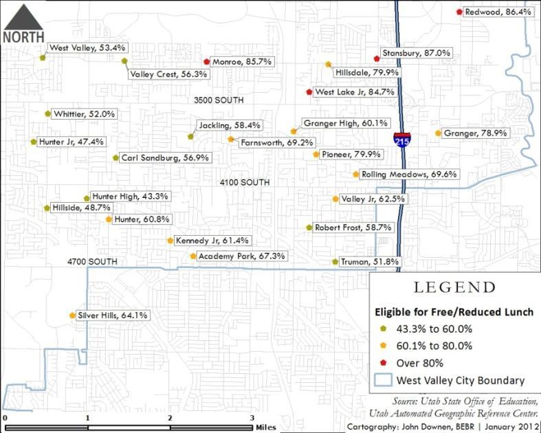 Figure 27 Free/Reduced Lunch Eligibility in West Valley City, 2011 Not surprisingly, most of the schools in each figure are red and orange, meaning that most of the indicators are affecting them