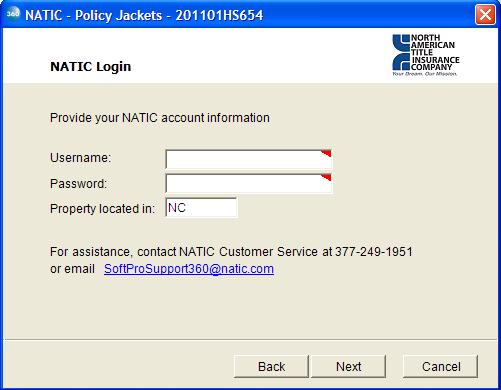 The Login Screen requires you to enter your username and password provided to you by North American Title Insurance Company.