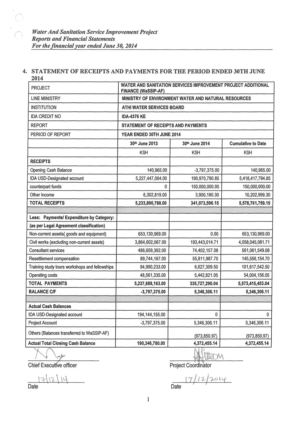 4. STATEMENT OF RECEIPTS AND PAYMENTS FOR THE PERIOD ENDED 30TH JUNE 2014 PROJECT LINE MINISTRY INSTITUTION IDA CREDIT NO REPORT WATER AND SANITATION SERVICES IMPROVEMENT PROJECT ADDITIONAL FINANCE