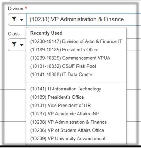 Step 5: Click the dropdown lists and select the appropriate Division, Department, Fund, Class, or Programs.
