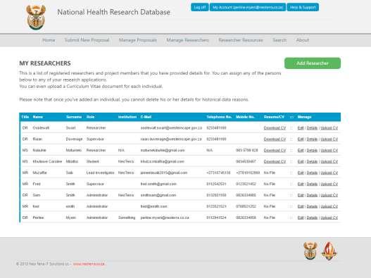 This will load the Add Investigator/Researcher Page. You can use this page to capture details about yourself and/or researchers and investigators that will be involved with your research study.