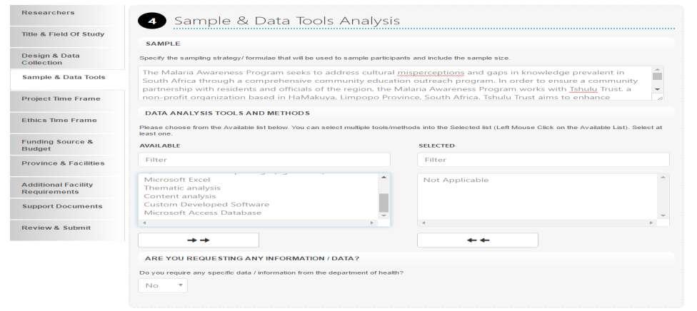 Step 4 Sample & Data Analysis Tools In this step, you must specify the sample of the study as well as the data analysis tools.